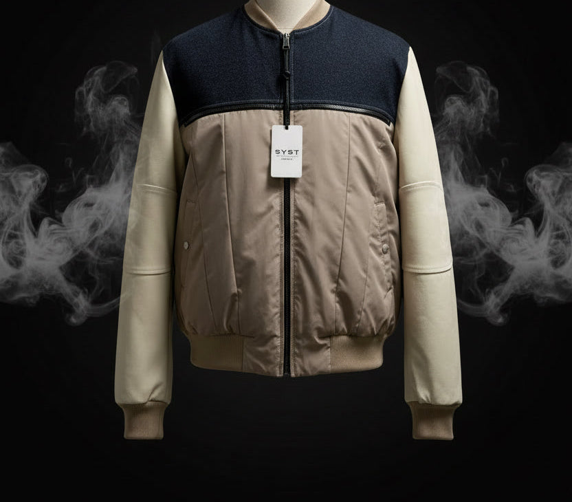 Giubbotto Estivo SYST pelle e nylon, contrasto in jeans
